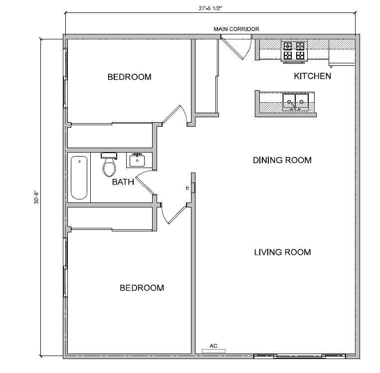 Floor plan for 2 beds, 1 bath, 847 sqft